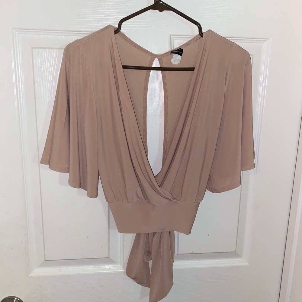 Beige Brown Deep V Plunge Open Back Crop Top